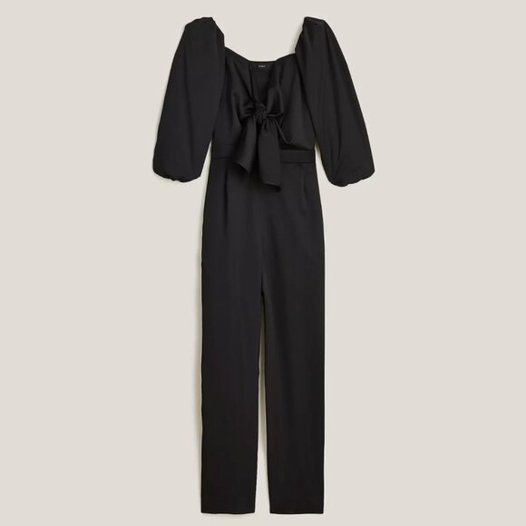 J.Crew Black 3/4 Sleeve Tie-front Satin-back Side Pockets Jumpsuit - Picture 2 of 4